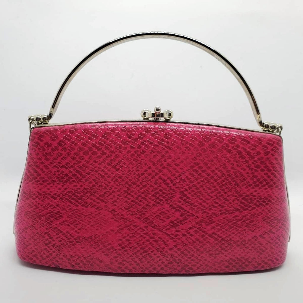 front view of hot pink snakeskin print handbag