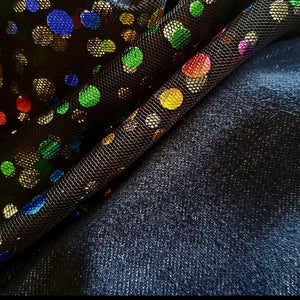 Fabric view of Multi-coloured polka dot and denim bomber jacket