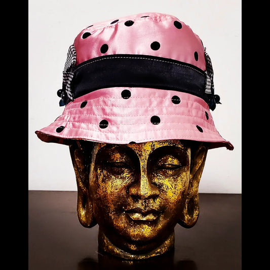 DITTO-Pink satin bucket hat with black flocked polka dots