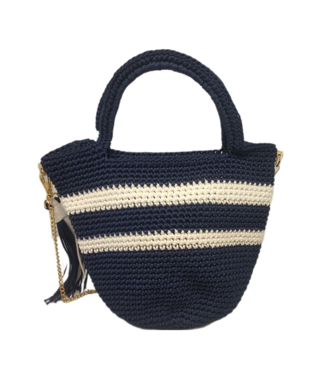 Back view of Navy and white striped crochet handbag with lace bow detail