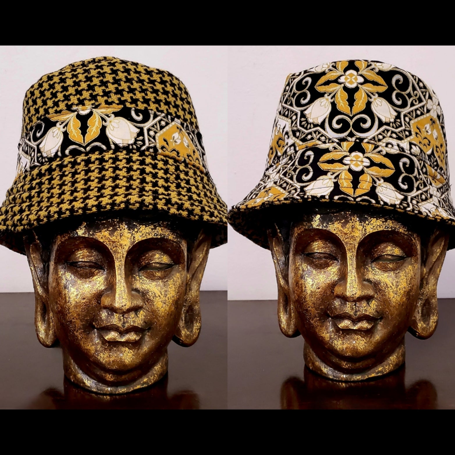 side by side Front view of Reversible black and yellow printed bucket hat