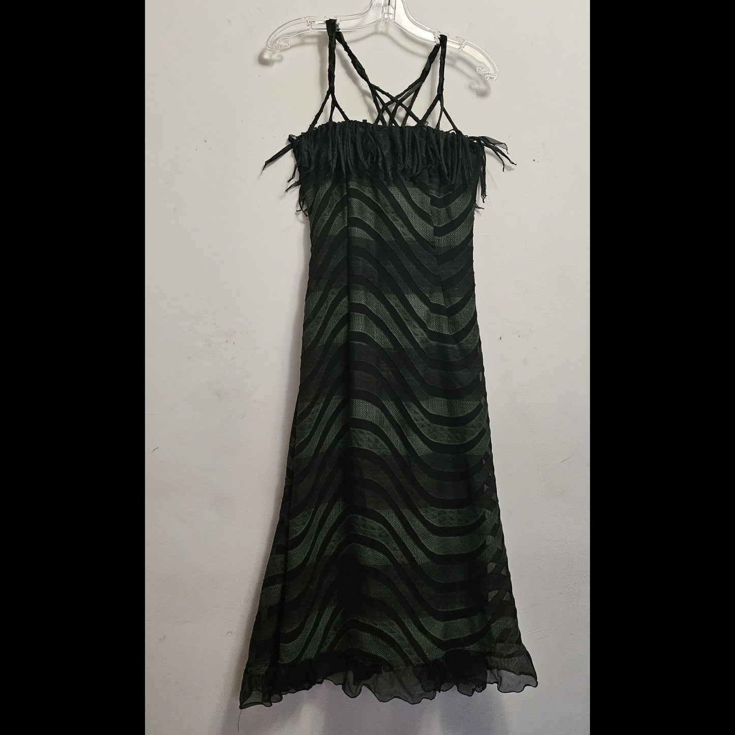 ENVIOUS- Green swirl print fringed slip dress