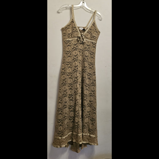 Front view of Lace Cocktail Dress with golden trim rose detail