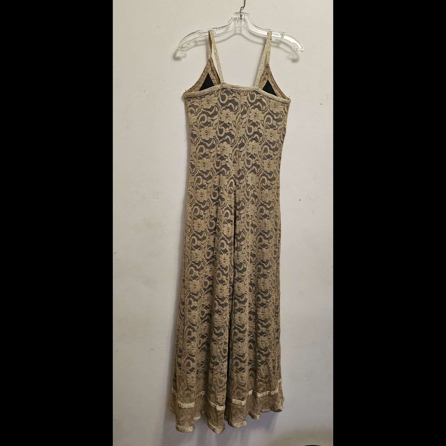 Back view of Lace Cocktail Dress with golden trim rose detail