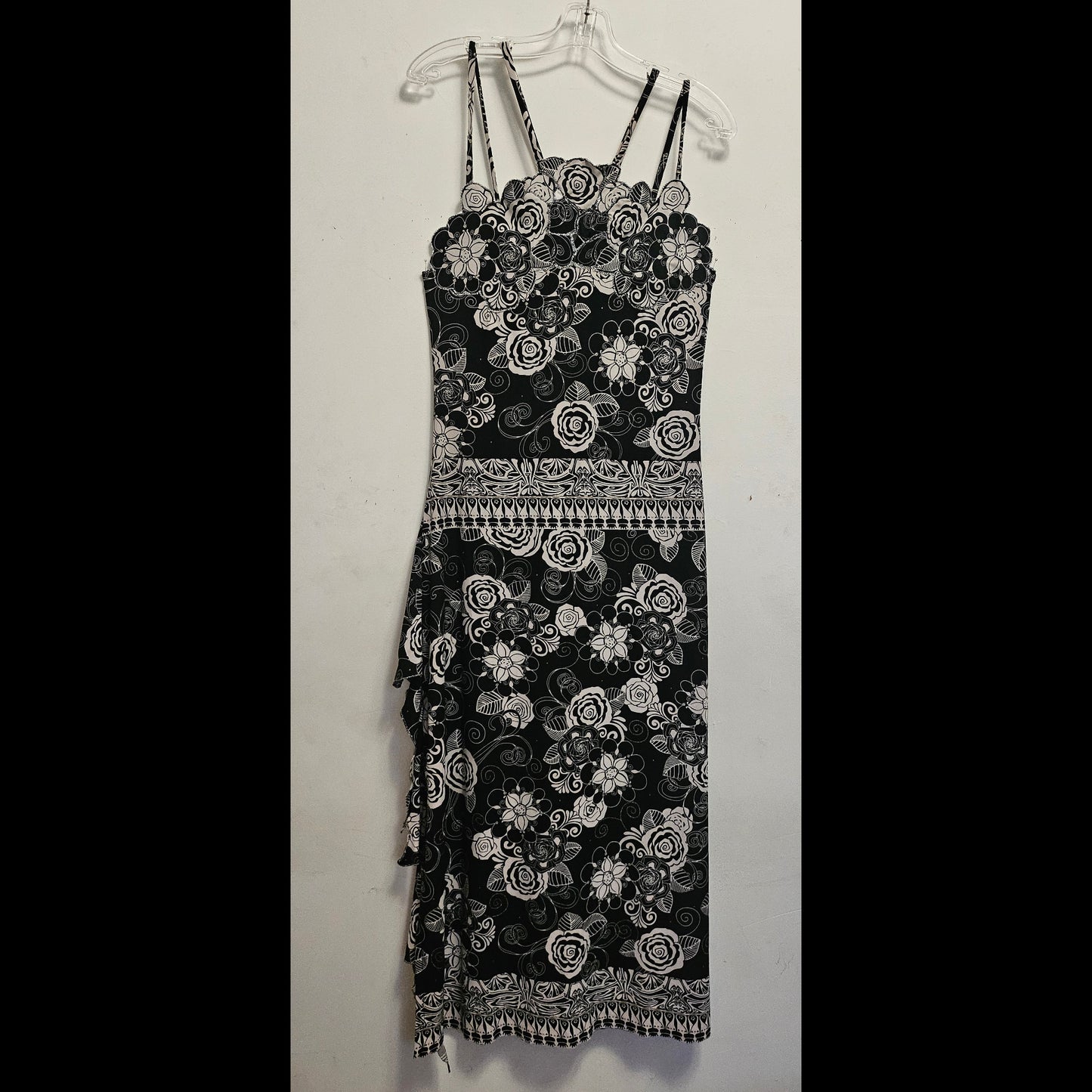 front view of Black and White Abstract Floral Summer Dress