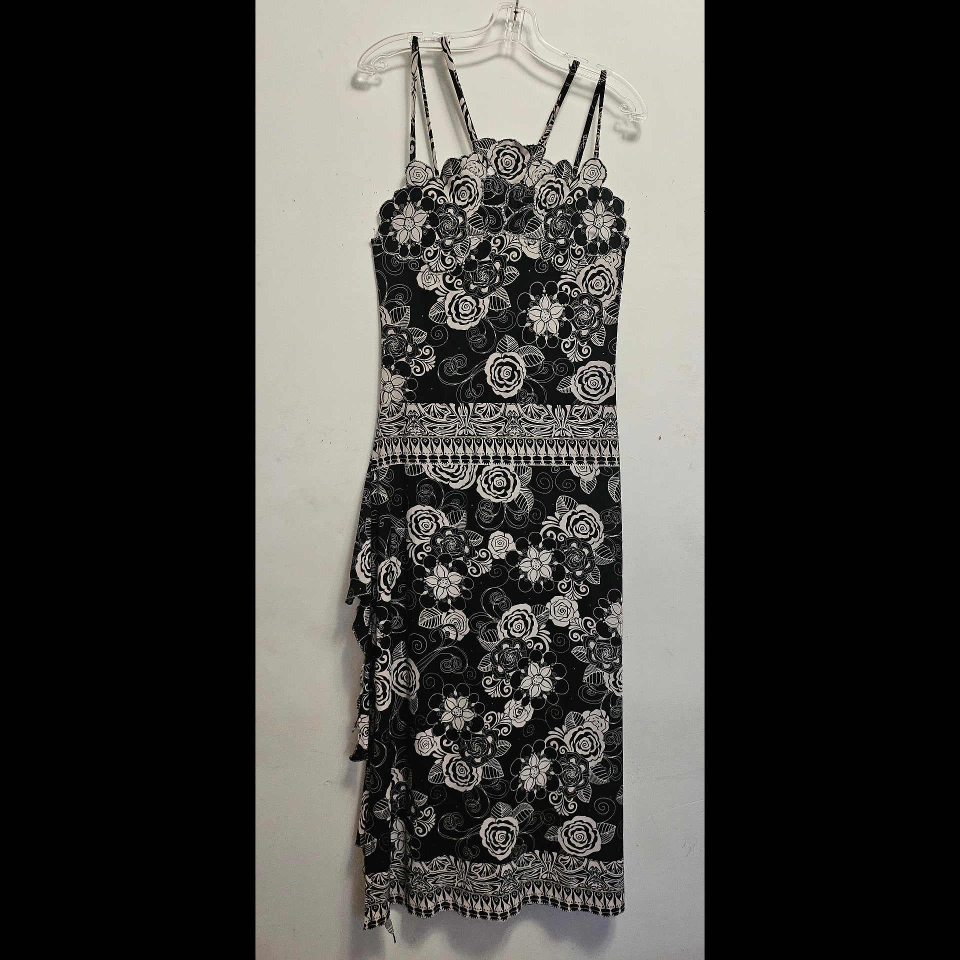 front view of Black and White Abstract Floral Summer Dress