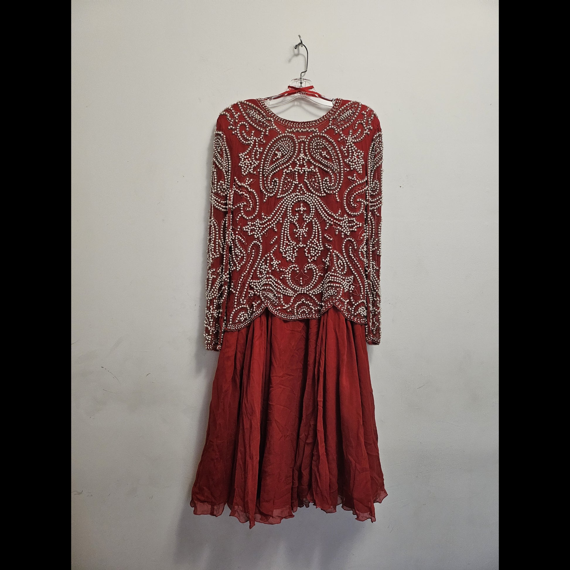 front view of Vintage Red Silk and Pearl Beaded Evening Dress