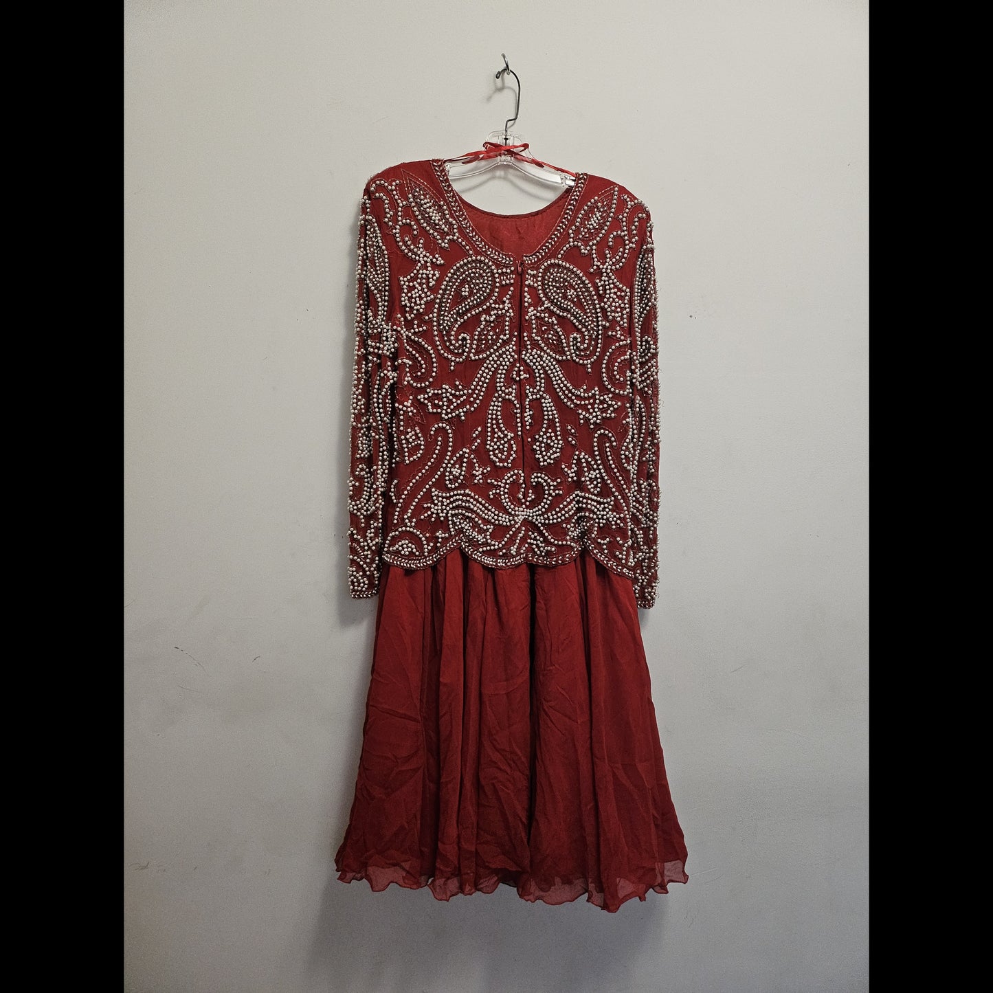 back view of Vintage Red Silk and Pearl Beaded Evening Dress