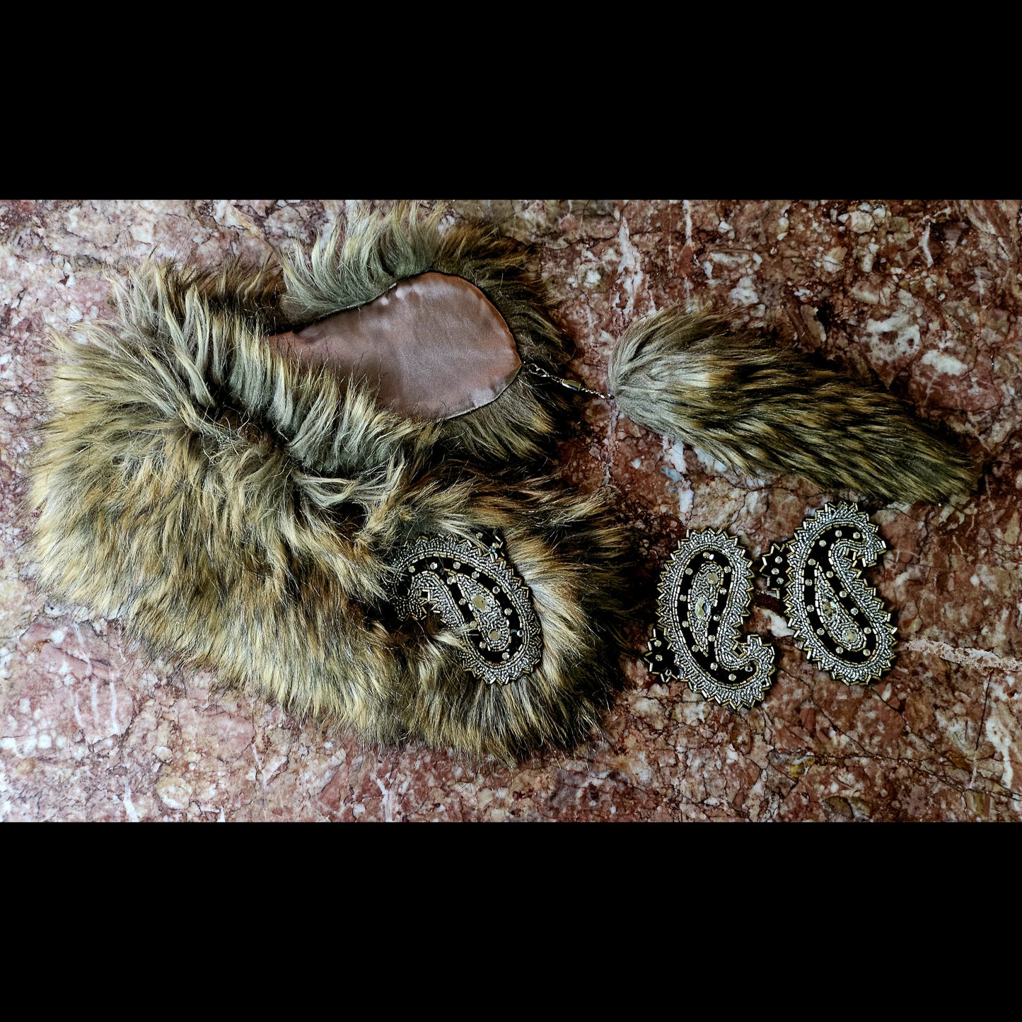 view of accessories included with Art Deco-inspired beaded gown with detachable faux fur stole and appliques