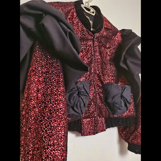 ROUGE- Flocked shimmer bomber with exaggerated sleeves and matching one-of-a-kind pockets
