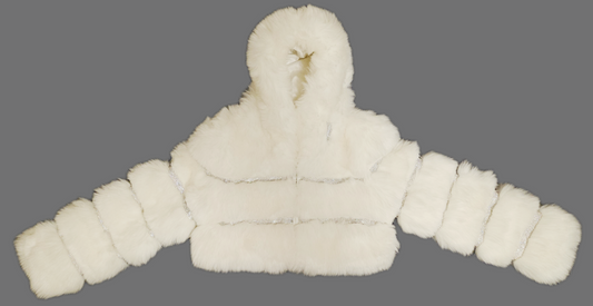 MUGATU- White cropped hooded faux fur coat embellished with rhinestone mesh.