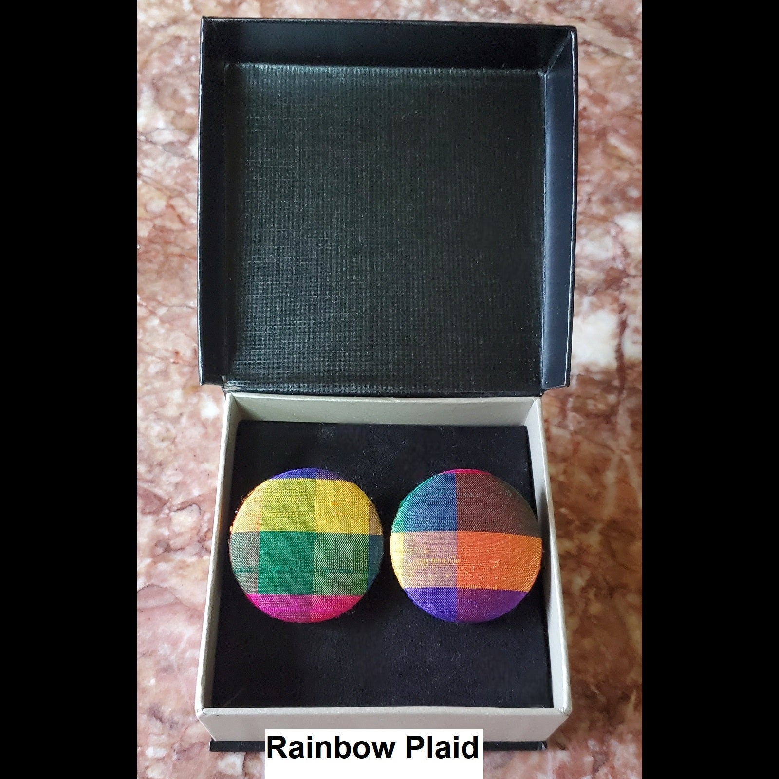 Rainbow Plaid button earrings in jewelry box