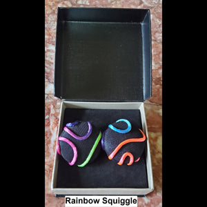 Rainbow Squiggle print button earrings in jewelry box