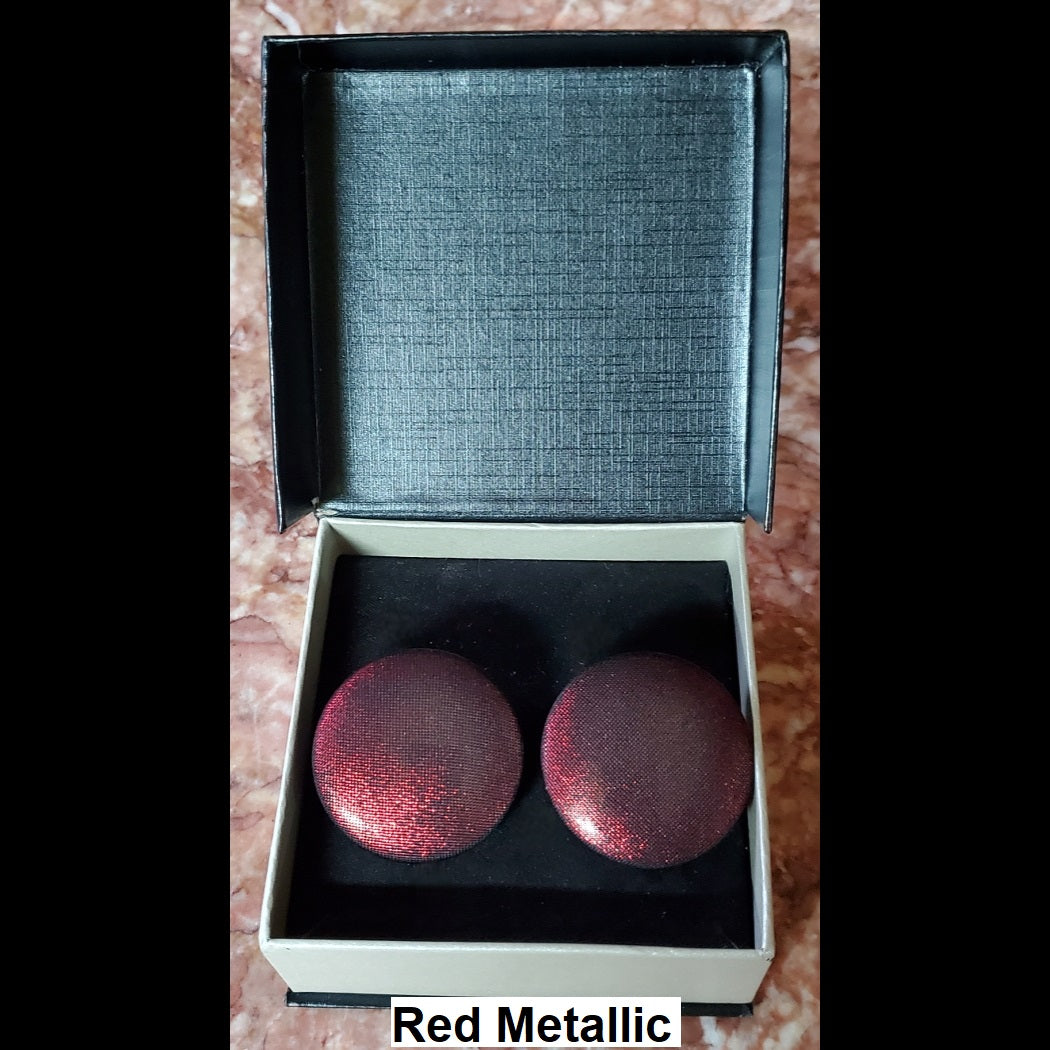 Red Metallic button earrings in jewelry box
