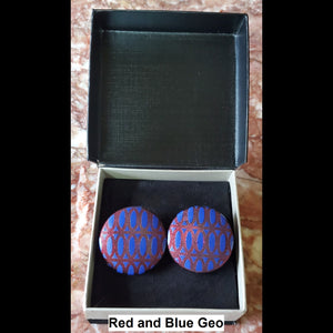 Red and Blue Geo print button earrings in jewelry box