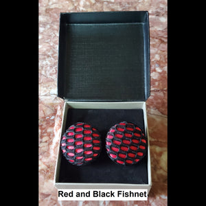 Red and Black fishnet button earrings in jewelry box