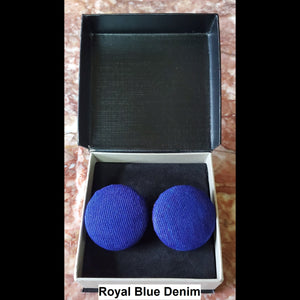 Royal Blue Denim button earrings in jewelry box
