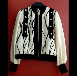 MARMOREAL-Black and ivory striped bomber jacket with gold button details