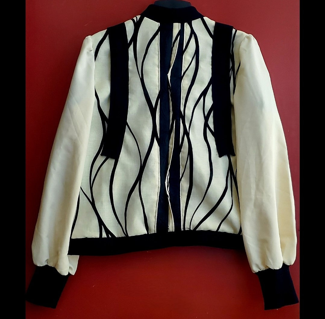 MARMOREAL-Black and ivory striped bomber jacket with gold button details