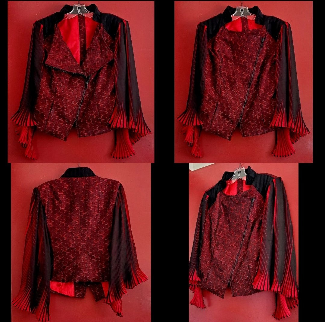 picture collage of red and black moto jacket with pleated cape sleeves and ruby rhinestone zipper