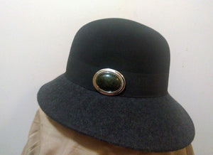 Side view of Grey and Black Wide Brim Fedora With Cabochon Accent