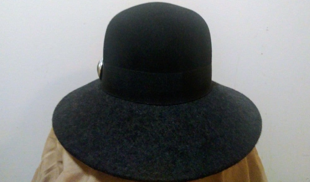 front view ofGrey and Black Wide Brim Fedora With Cabochon Accent