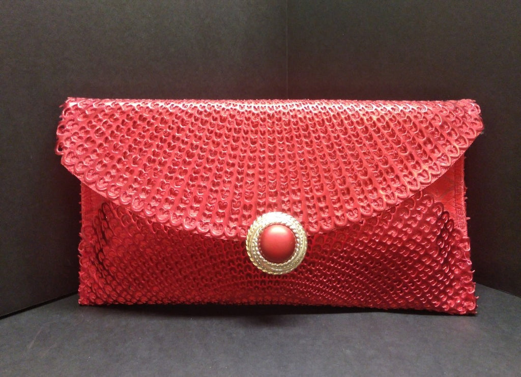 Front view of red clutch handbag