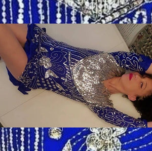 Vintage 80s Blue and Silver Sequin Gown on model