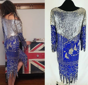 Front view of vintage 80s Blue and Silver Sequin Gown on model