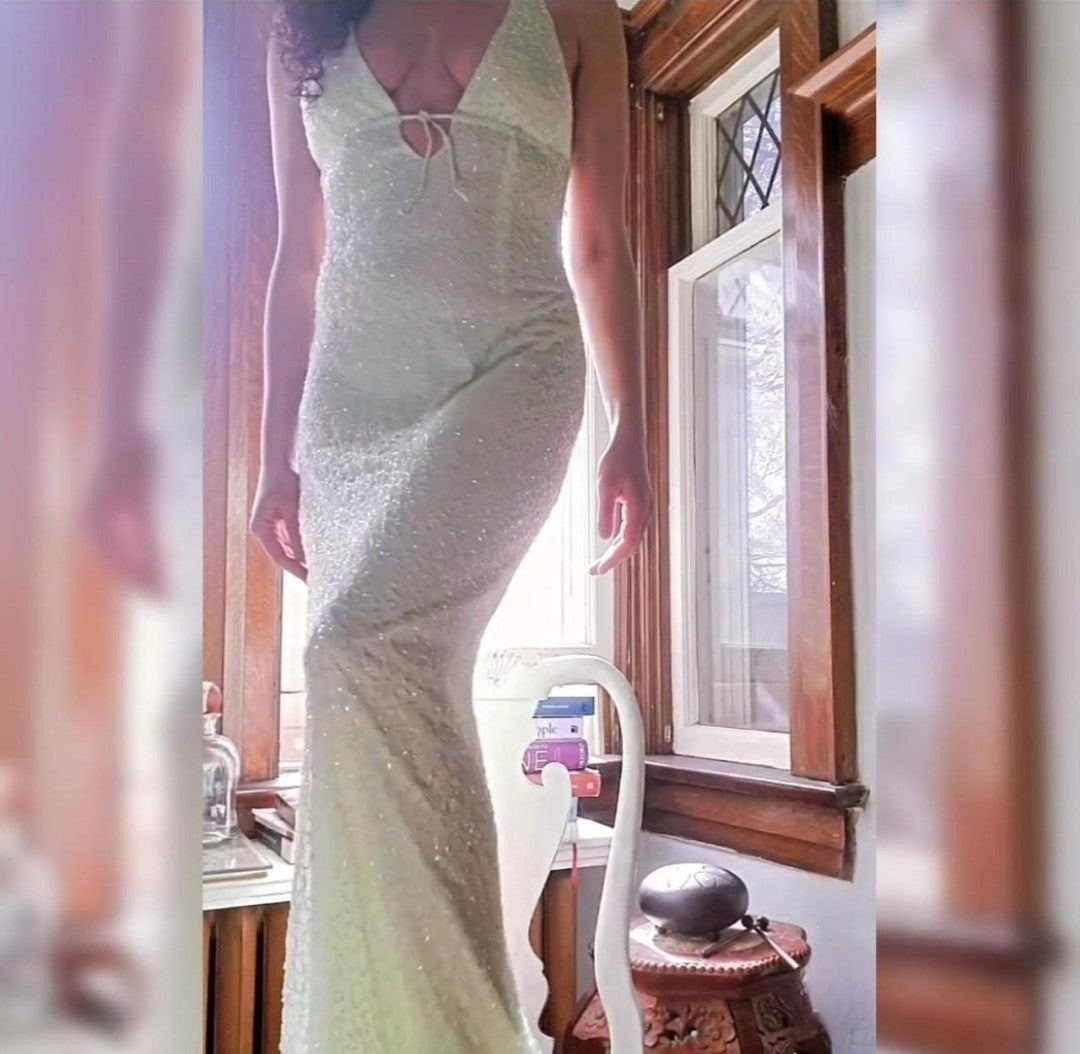 Front view 90s Lemon and Iridescent Beaded Halter Gown on model