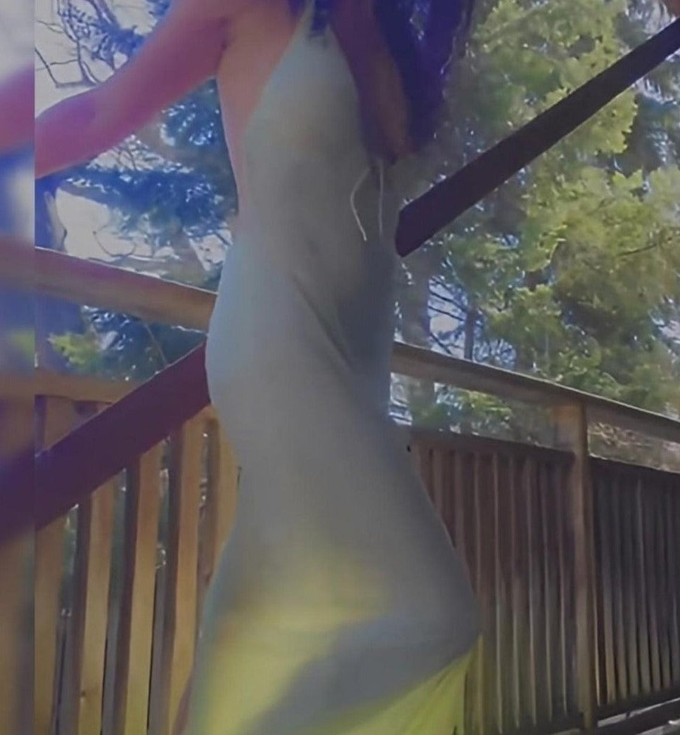 Side view 90s Lemon and Iridescent Beaded Halter Gown on model