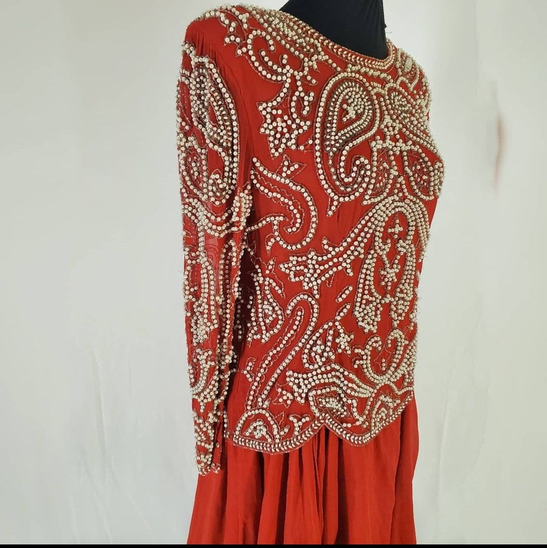 right side view of Vintage Red Silk and Pearl Beaded Evening Dress
