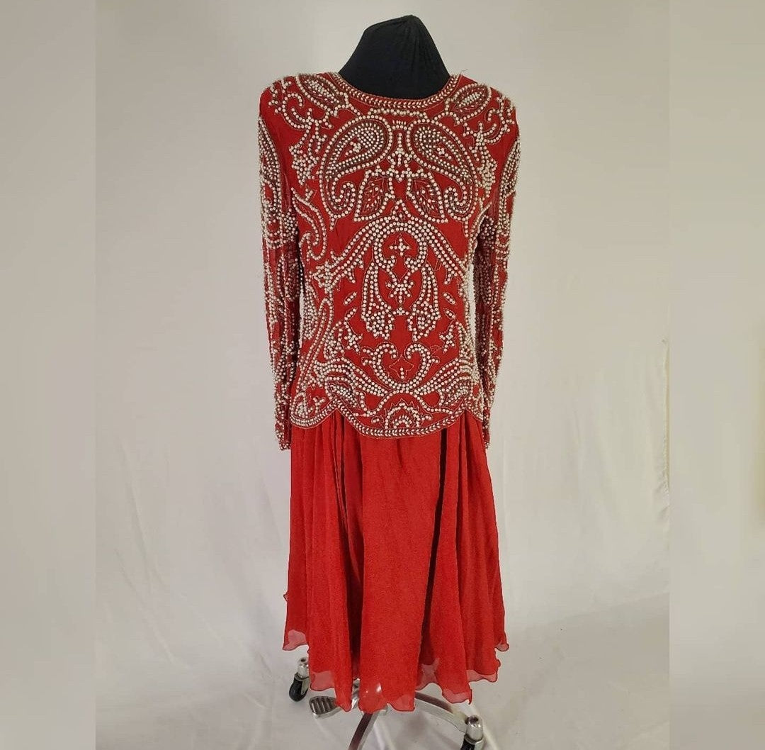 Vintage Red Front view of Silk and Pearl Beaded Evening Dress on mannequin