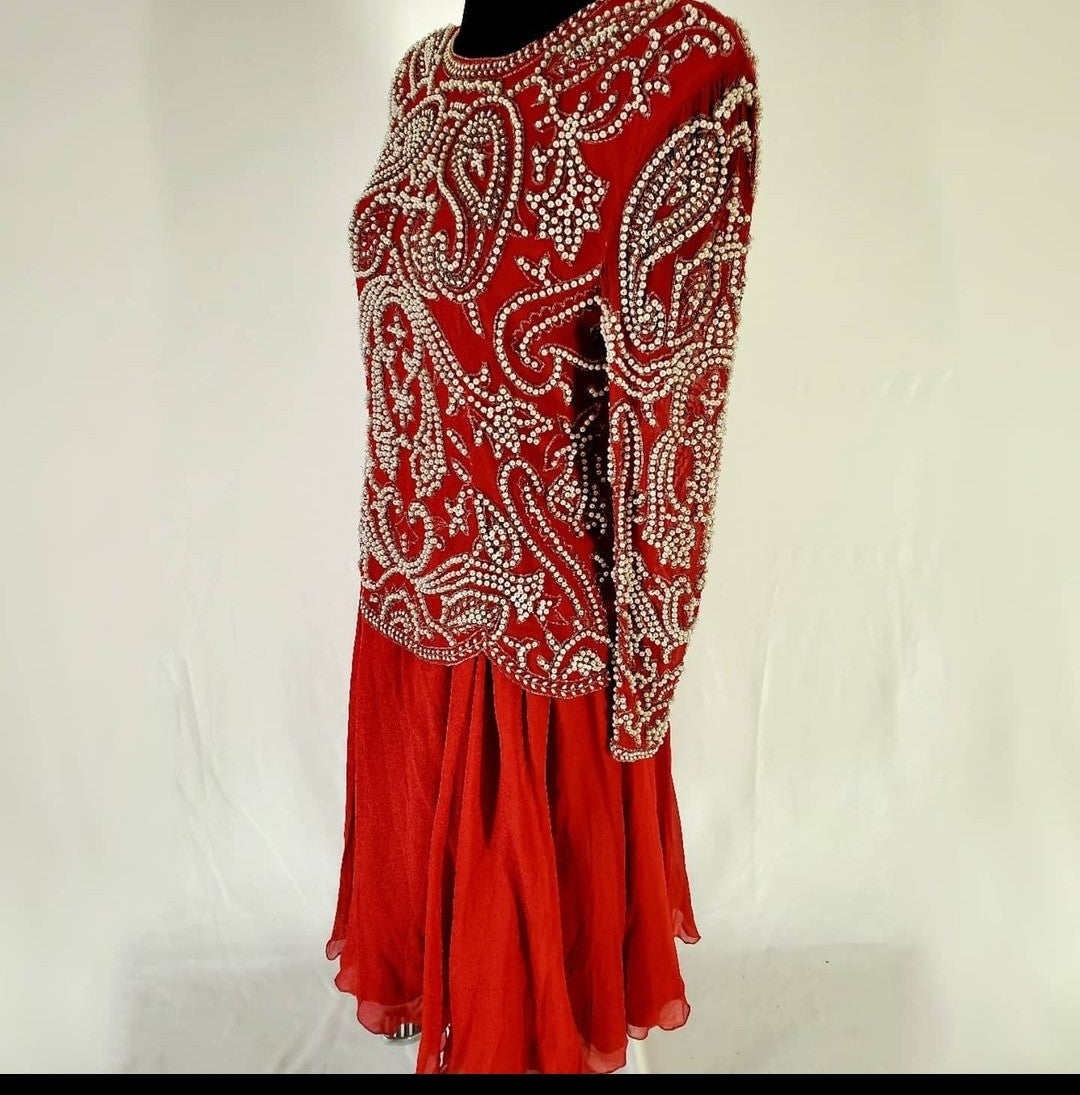 left side view of Vintage Red Silk and Pearl Beaded Evening Dress
