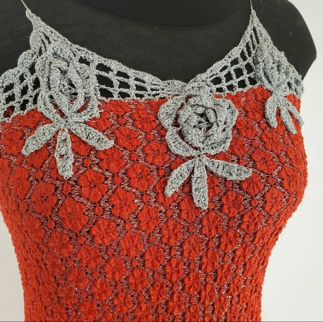 close up front view of Red and Silver Crochet Dress