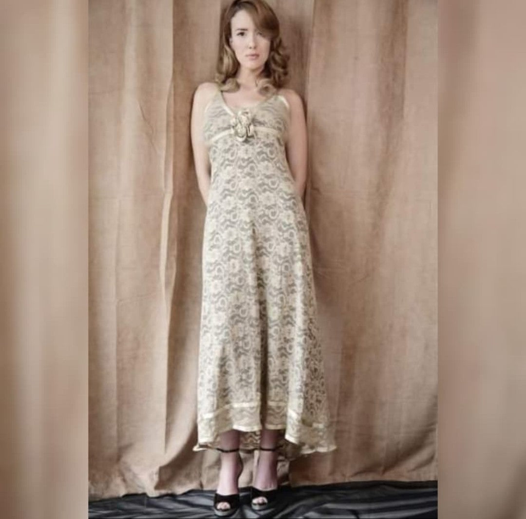 Lace Cocktail Dress with golden trim rose detail on model