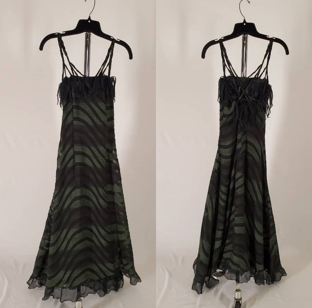 ENVIOUS- Green swirl print fringed slip dress