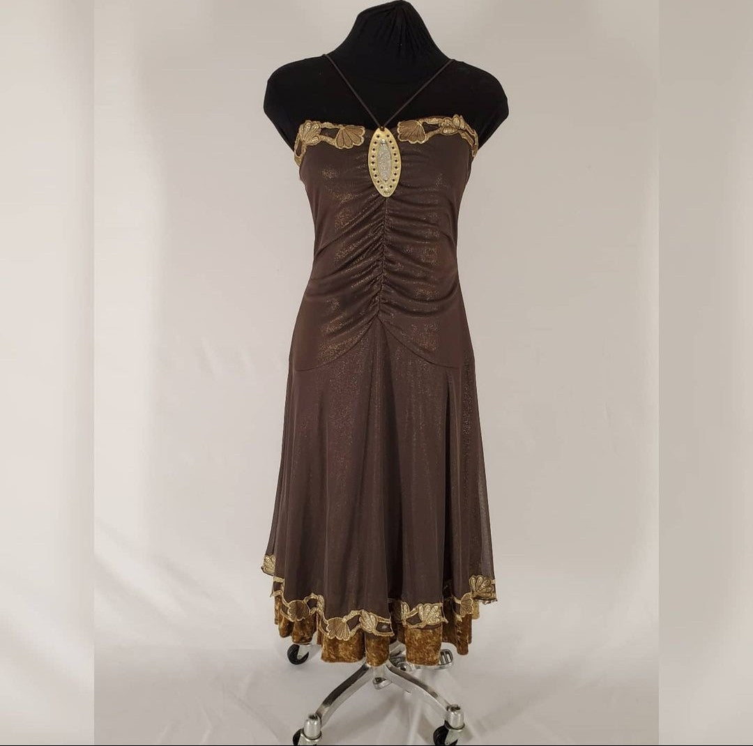 front view Upcycled ruched dress with golden lace and crushed velvet details
