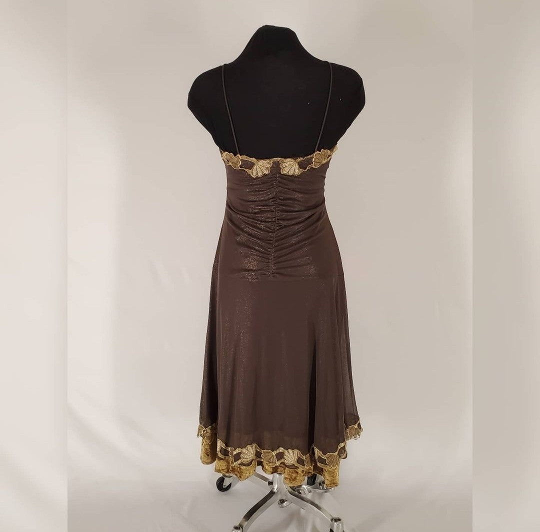 back view of Upcycled ruched dress with golden lace and crushed velvet details