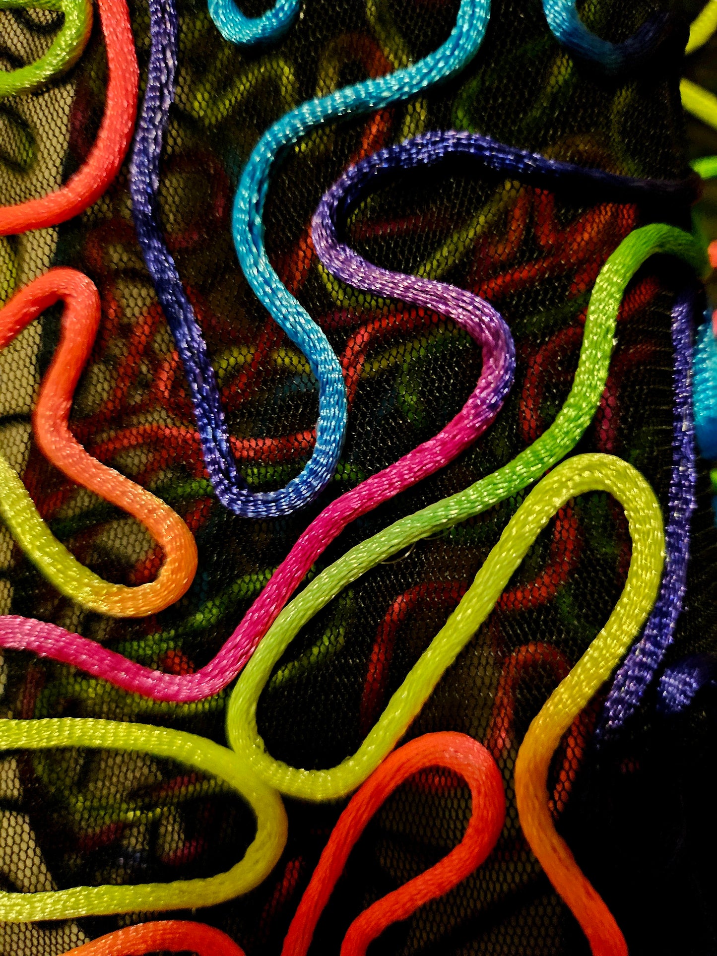 closeup view of the cord embroidery of rainbow embroidered mesh bomber jacket