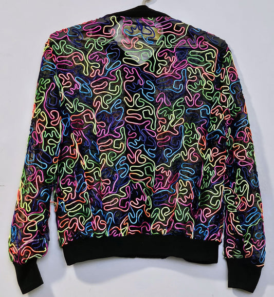 back view of rainbow embroidered mesh bomber jacket