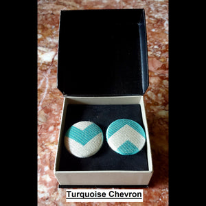 Turquoise and white chevron print button earrings in jewelry box