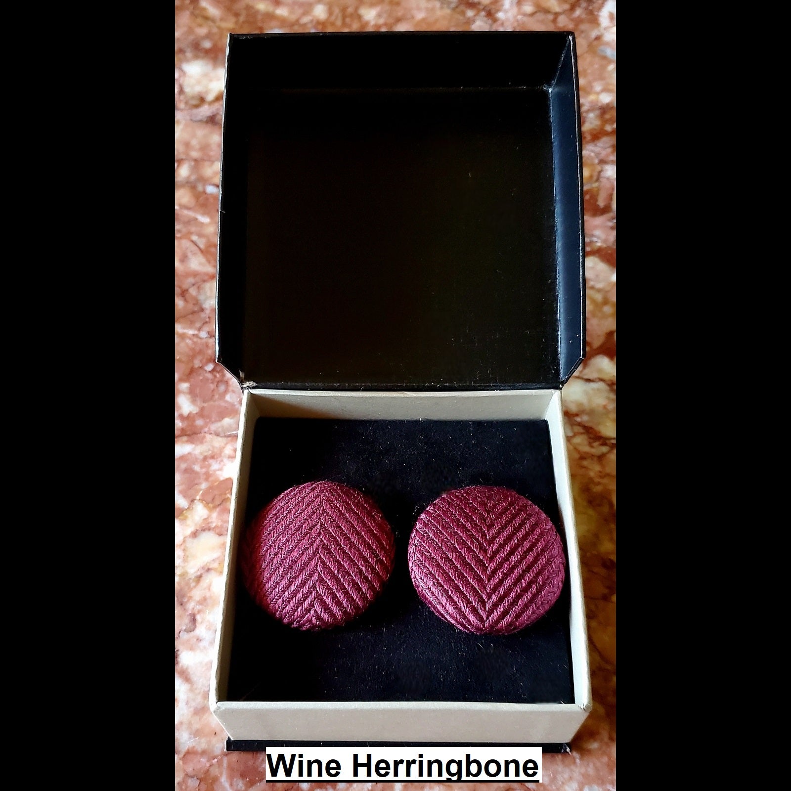 Wine Herringbone print button earrings in jewelry box