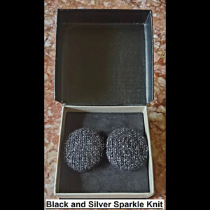 black and silver sparkle knit button earrings in jewelry box