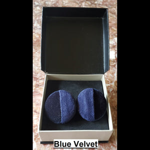 Blue velvet and ultra suede button earrings in jewelry box