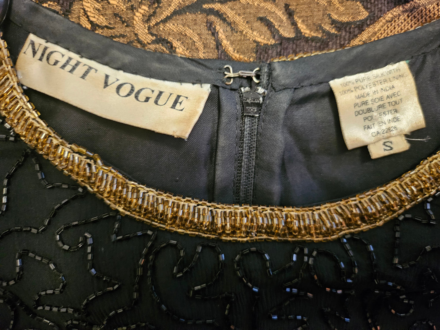Label view of 80s Black and Gold Beaded Cocktail Dress