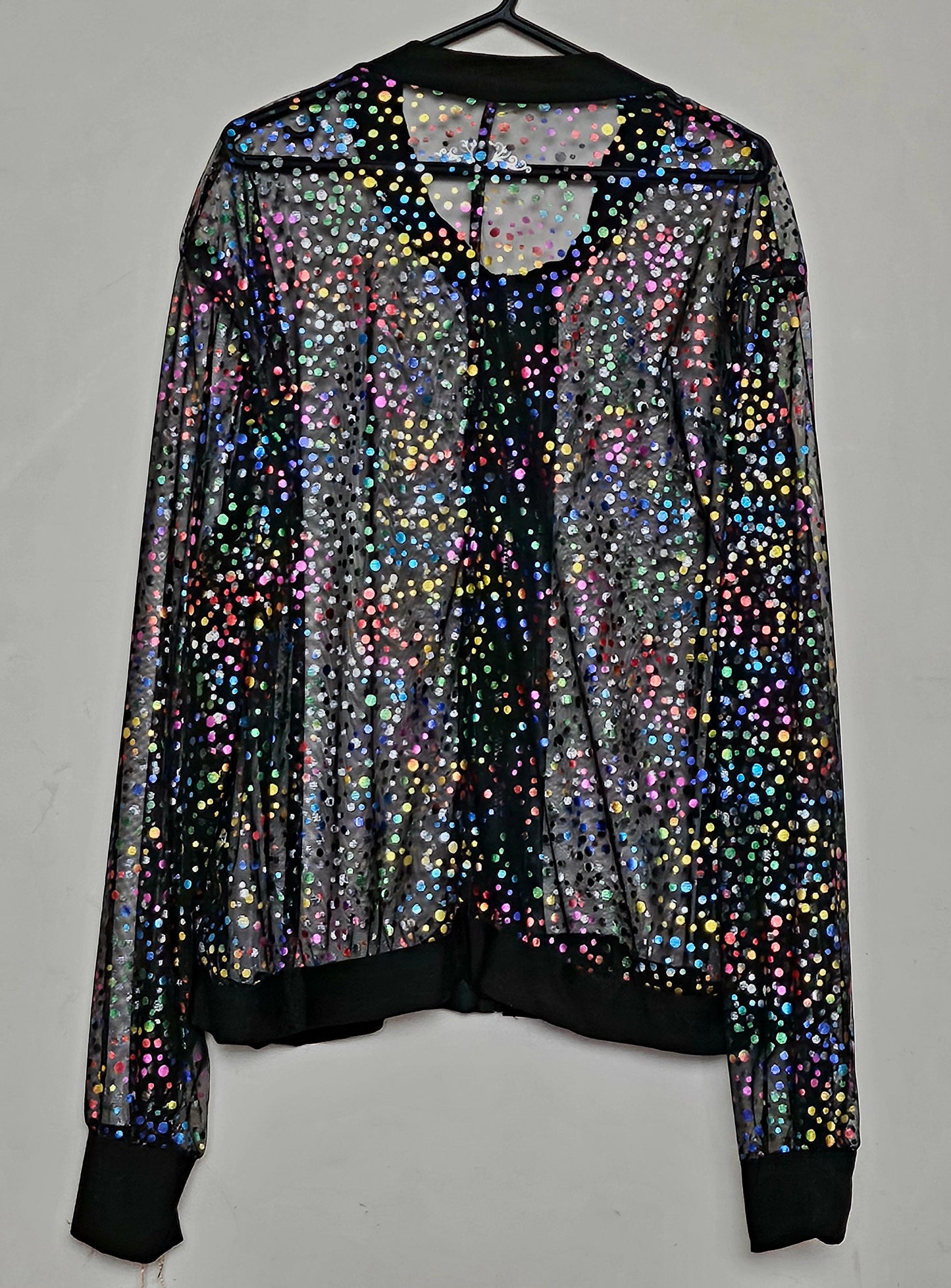 Back view of Sheer metallic confetti print bomber jacket