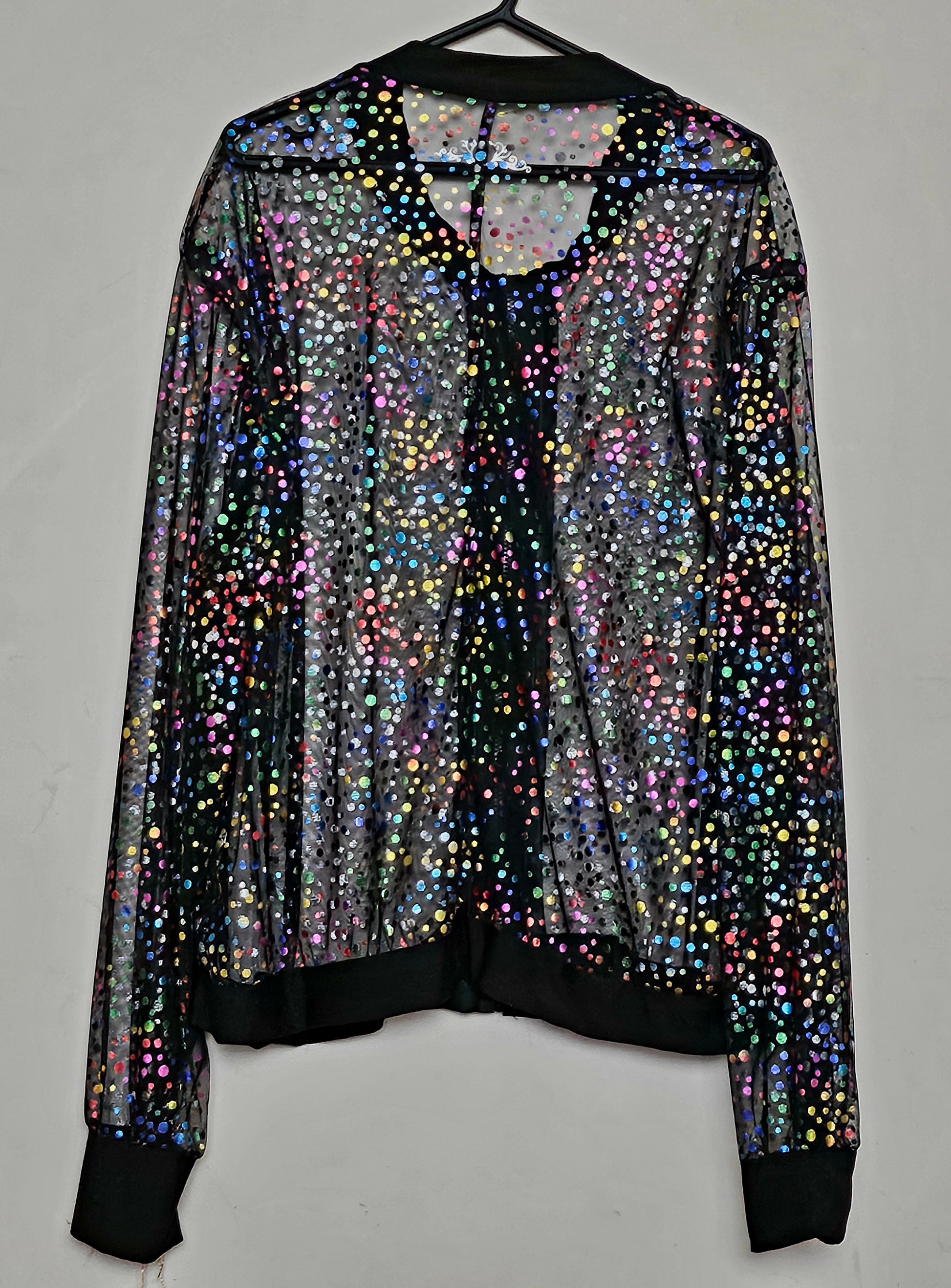 Back view of Sheer metallic confetti print bomber jacket