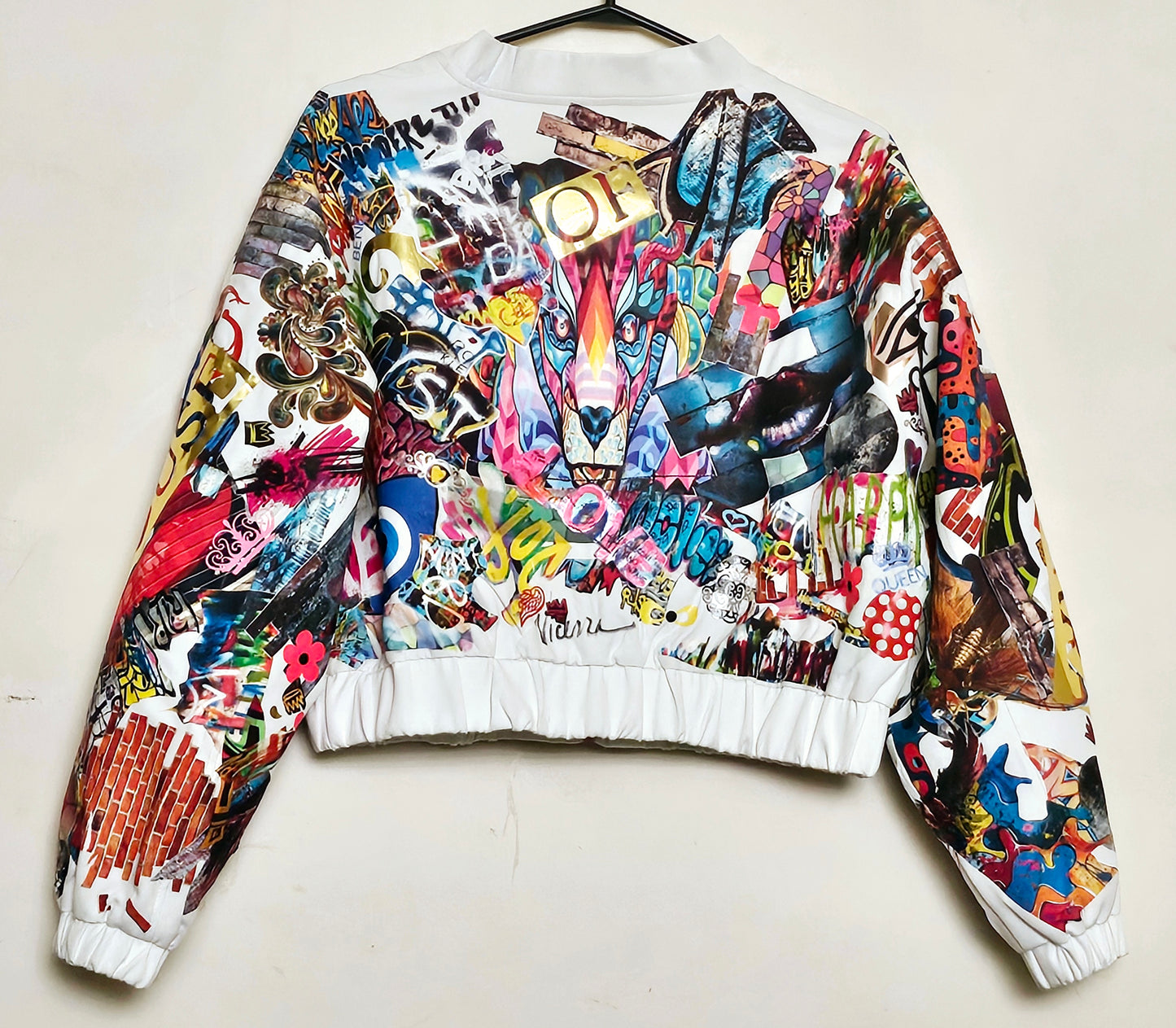Back view of Retro street art inspired bomber jacket