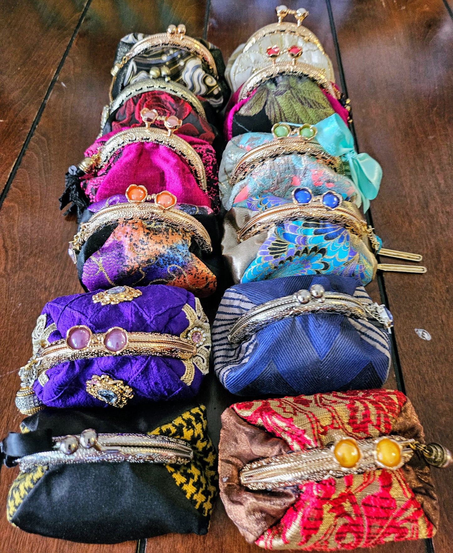 Group of coin purses on table